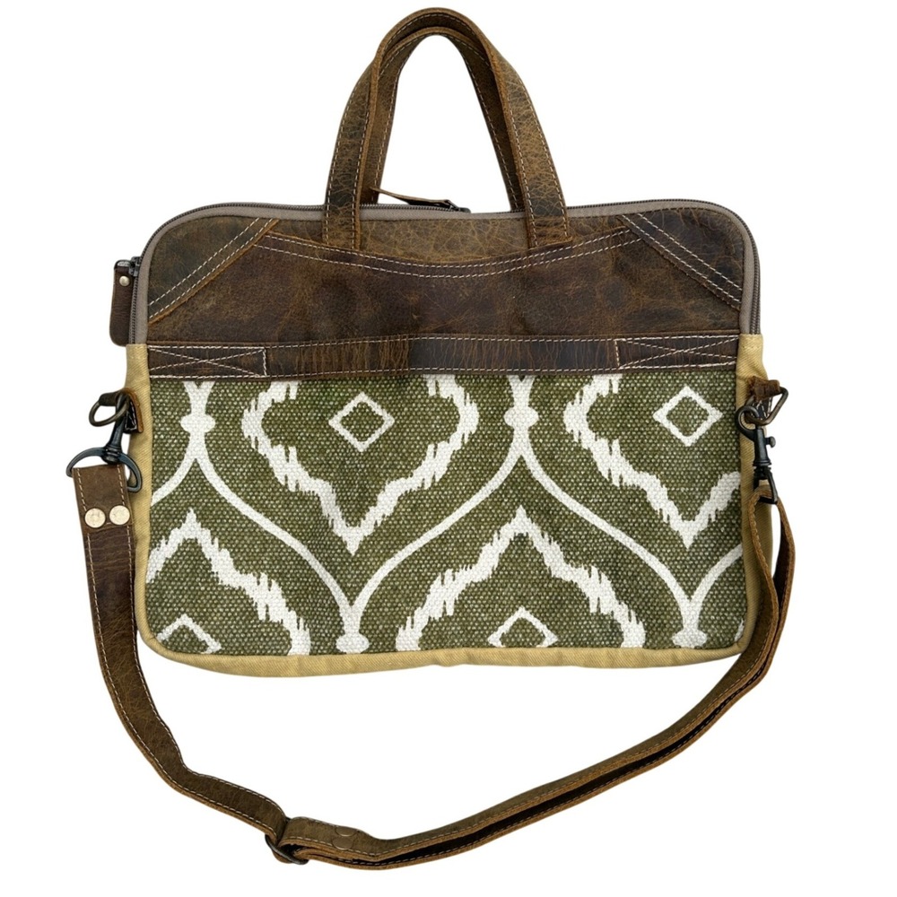 Myra Bag Green Ikat Canvas Leather Laptop Messenger Bag Crossbody S-1296
